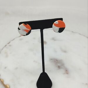 Retro disc earrings- orange, white and gray abstract pattern